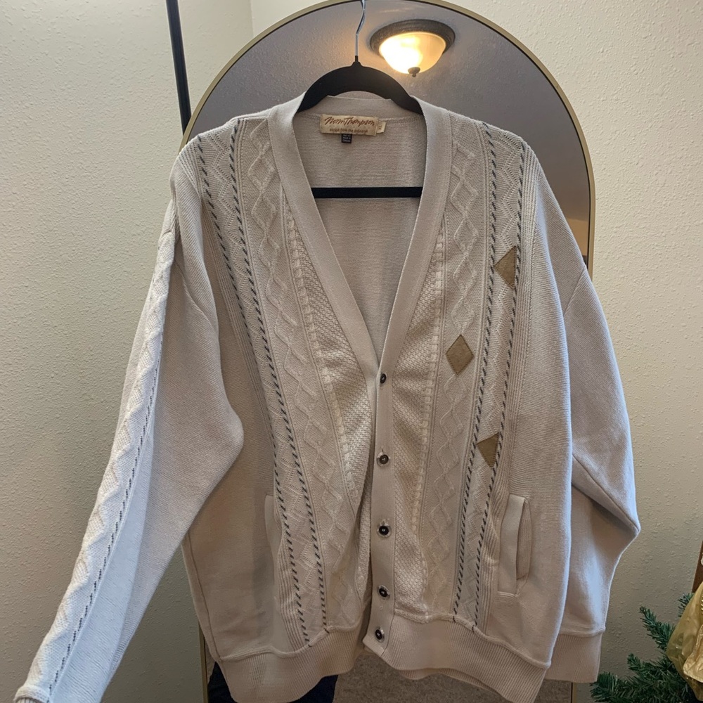 Vintage Norm Thompson men’s Beige Cardigan with Patterned Design